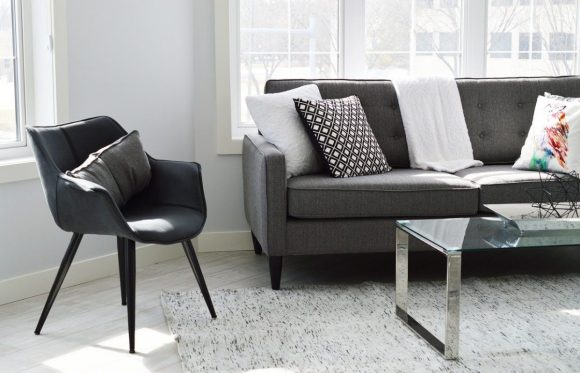a living room with dark grey couch, black midcentury chair, and glass coffee table in natural light