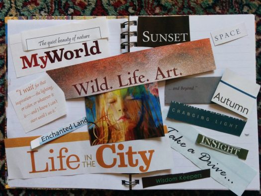 a homemade collage vision board made up of magazine cut outs. Some phrases include "life in the city" and "my world."