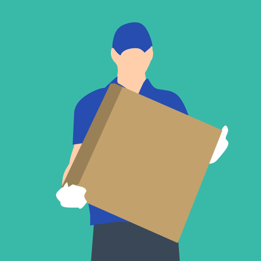 a clip art image of someone carrying a box and wearing gloves doing a delivery while moving during covid