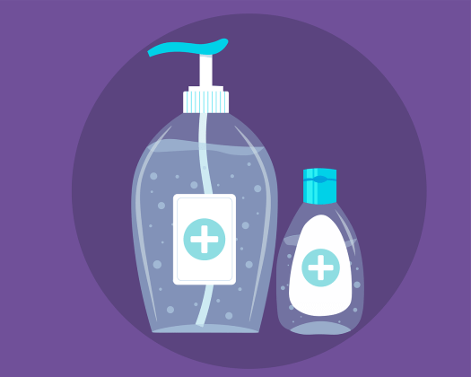 clip art showing hand sanitizer bottles on a purple background