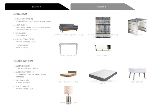 A screenshot of Naveed's style options, including various furniture and furnishings like a sofa, carpet, console, and bed.