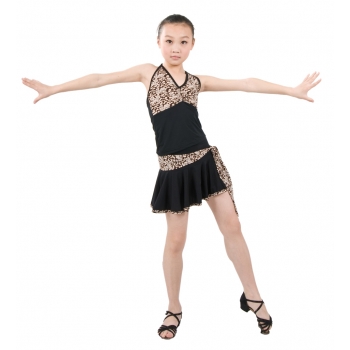 Child girls latin dance dress-2 sets in Leopard(shirt+skirt) for(6~15years old)-Leopard+Black