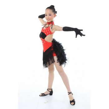 Child Girls/Ladies Latin dance dress-Over all dress in 3sets with feather-Red